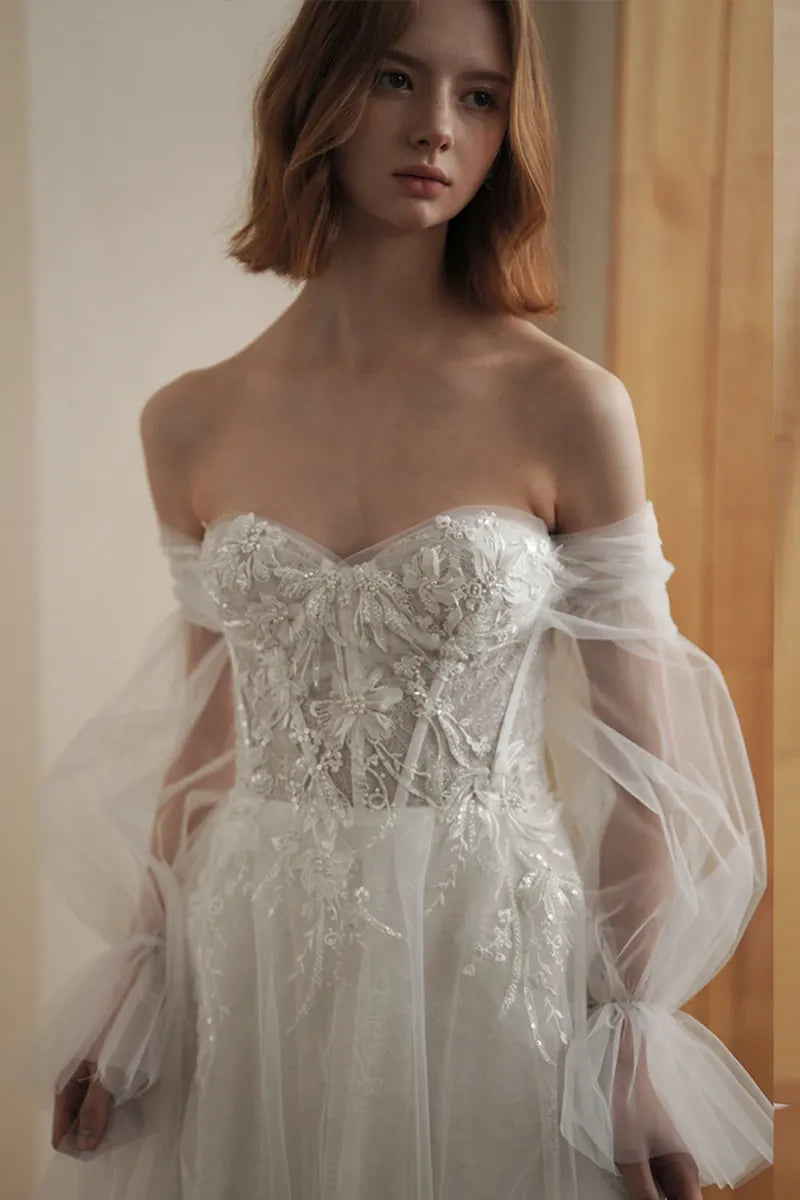 Manche Amovible Robe de Mariée Évasée en Tulle