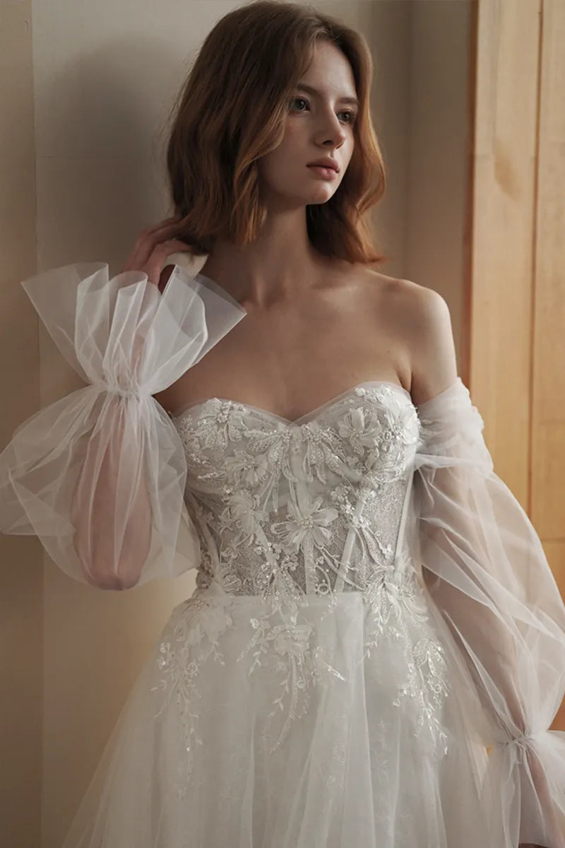 Manche Amovible Robe de Mariée Évasée en Tulle