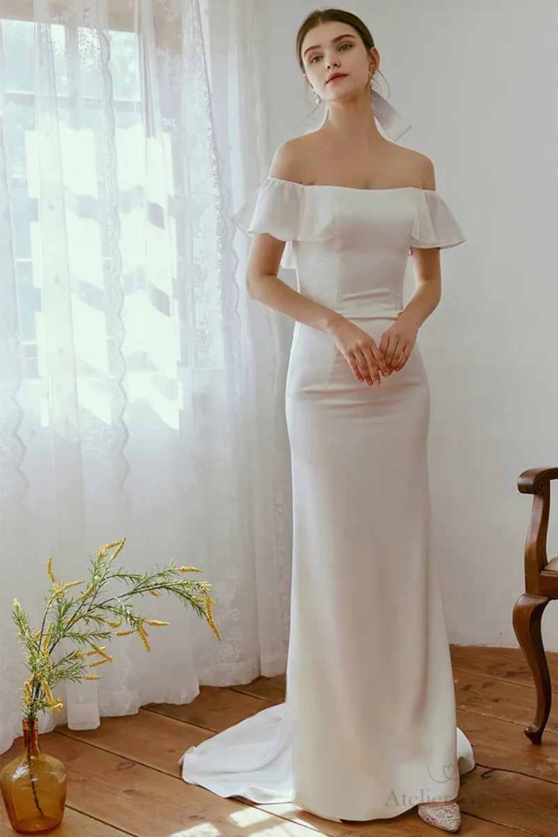 Robe Mariée Col Bateau Satin Fluide Dentelle Dos