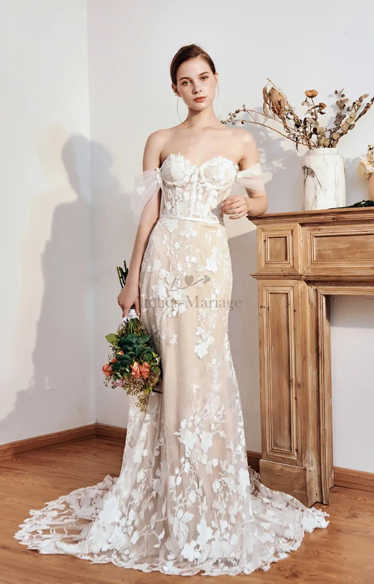 Robe de Mariée Bohème Sirène Manches Détachables