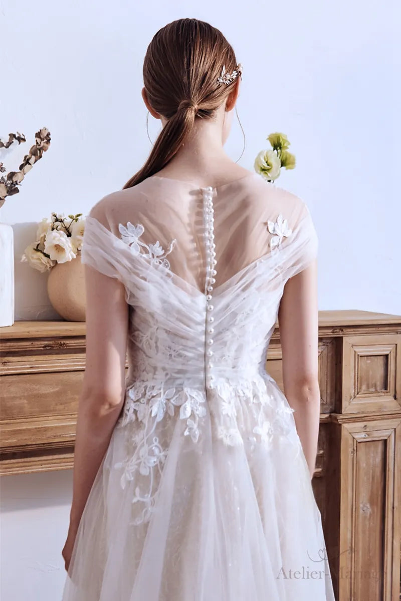 Robe de Mariée Champêtre Col Bateau Dentelle Bohème