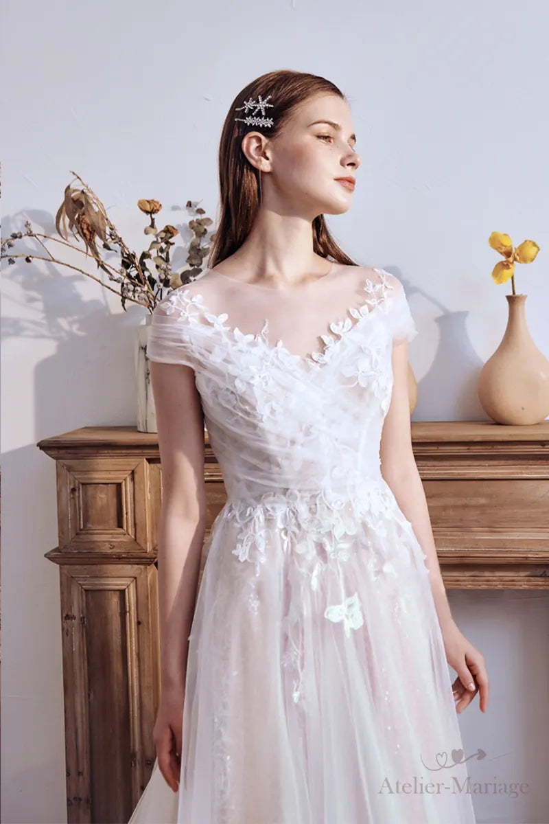 Robe de Mariée Champêtre Col Bateau Dentelle Bohème