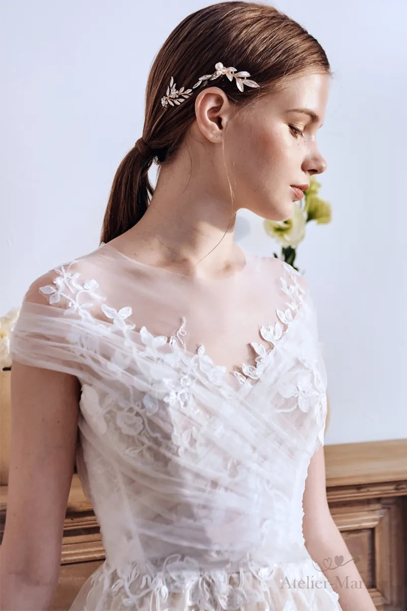 Robe de Mariée Champêtre Col Bateau Dentelle Bohème
