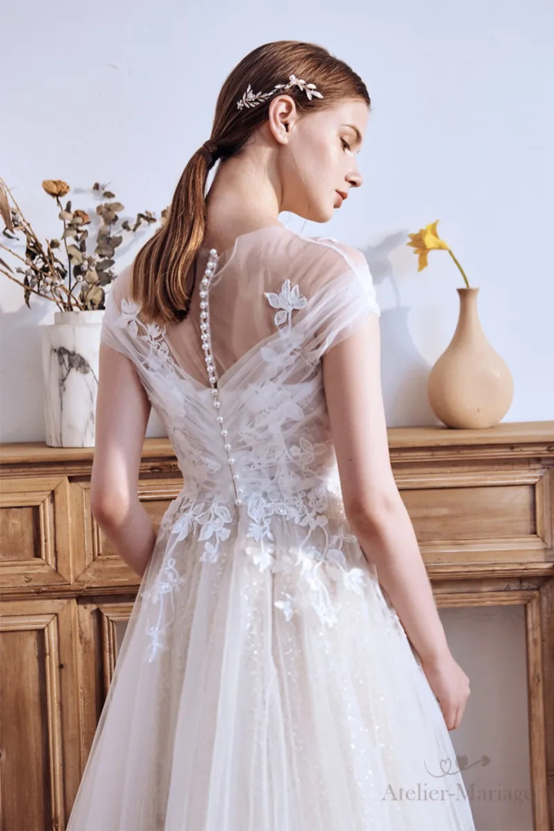 Robe de Mariée Champêtre Col Bateau Dentelle Bohème