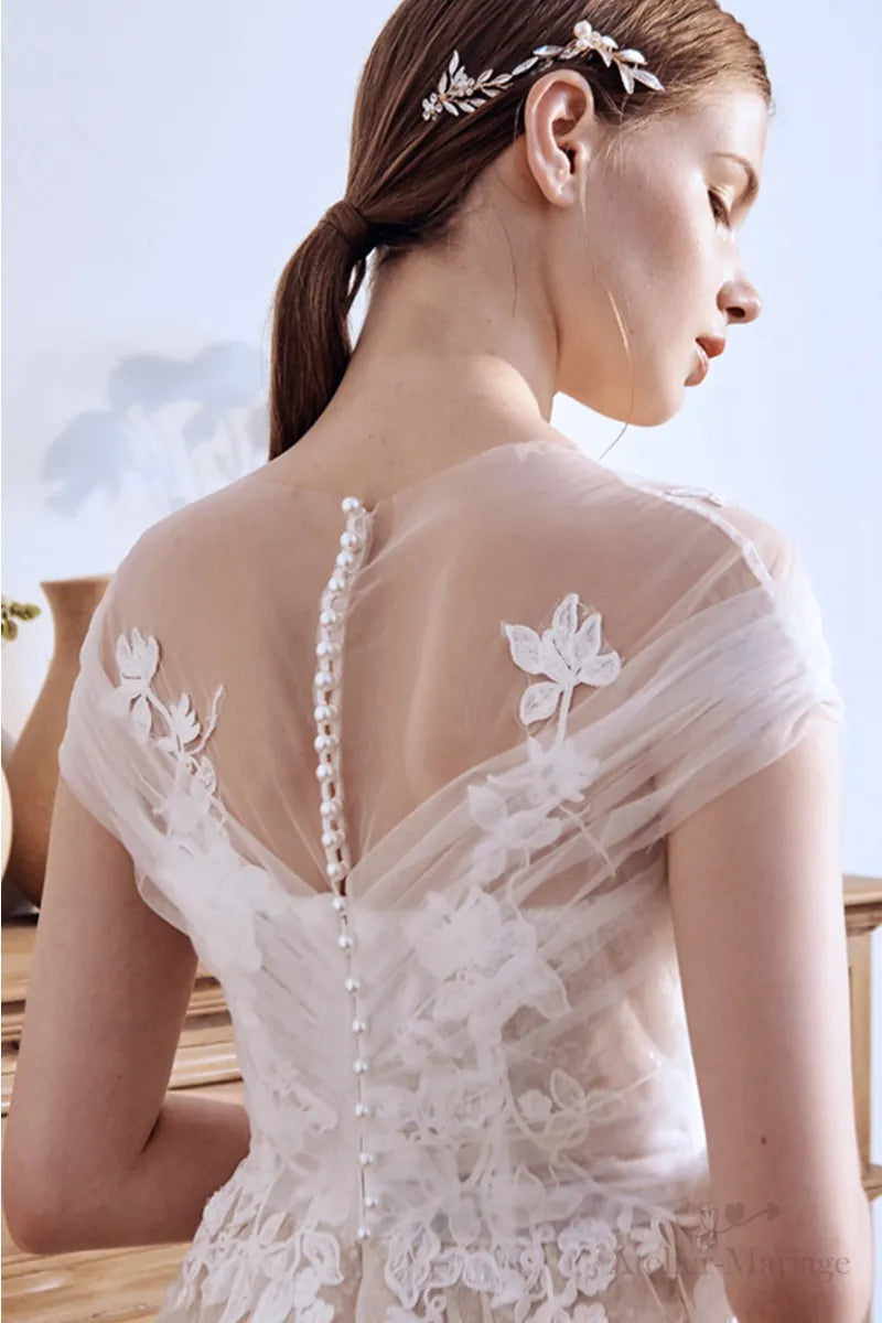 Robe de Mariée Champêtre Col Bateau Dentelle Bohème