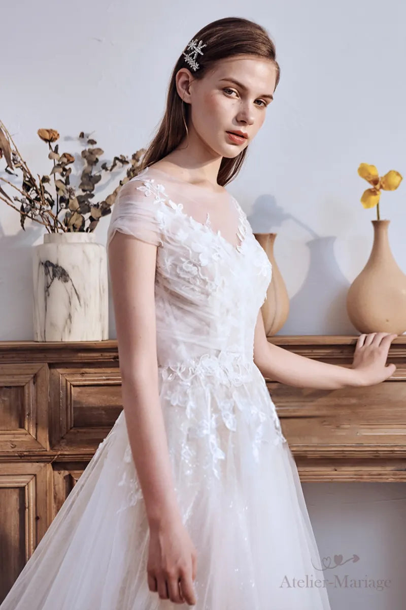 Robe de Mariée Champêtre Col Bateau Dentelle Bohème