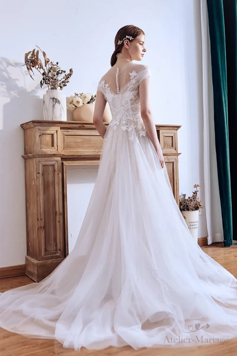 Robe de Mariée Champêtre Col Bateau Dentelle Bohème