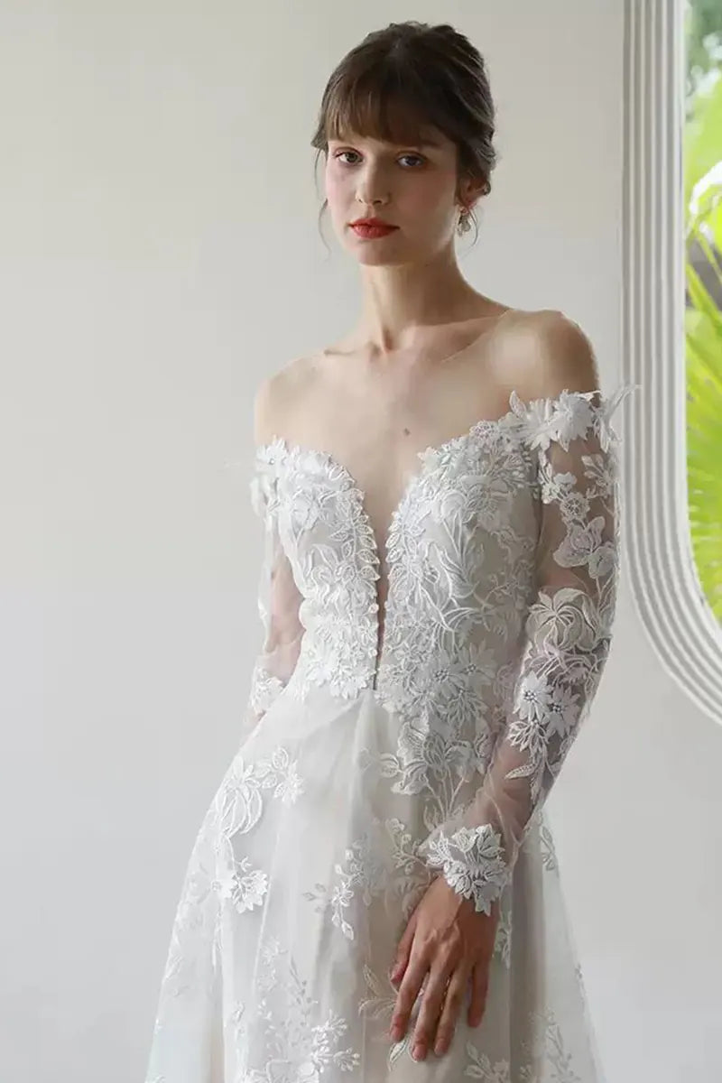 Robe de Mariée Manches Longues Dentelle Col Bateau