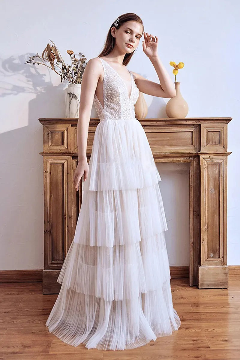Bohemian Tiered Sequin Tulle Wedding Dress