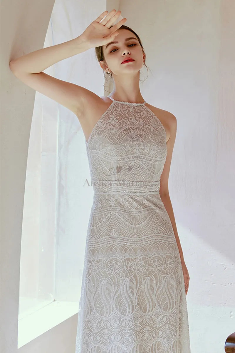 Robe de Mariée avec Fleurs Brodées Col Montant