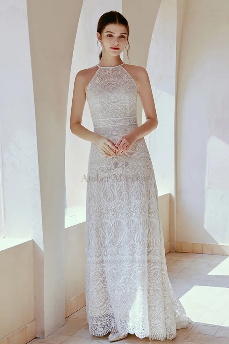 Robe de Mariée avec Fleurs Brodées Col Montant