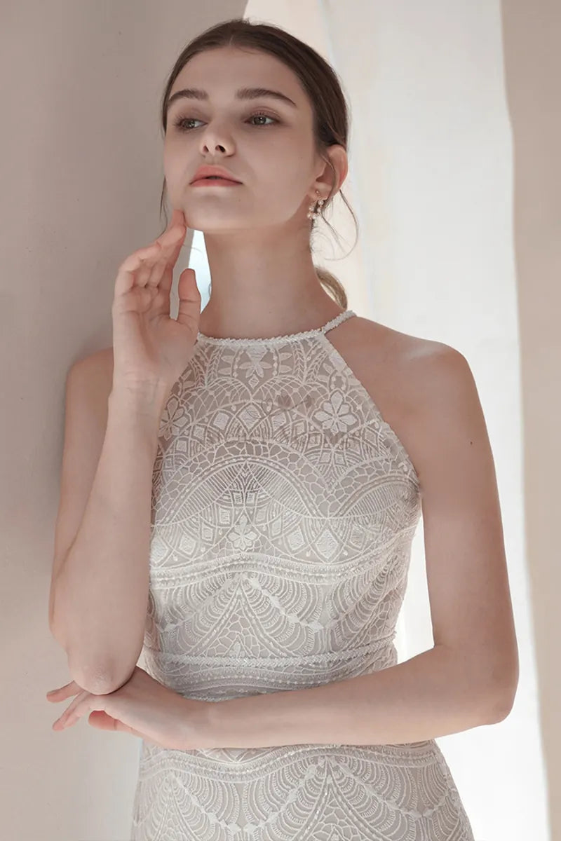 Robe de Mariée avec Fleurs Brodées Col Montant