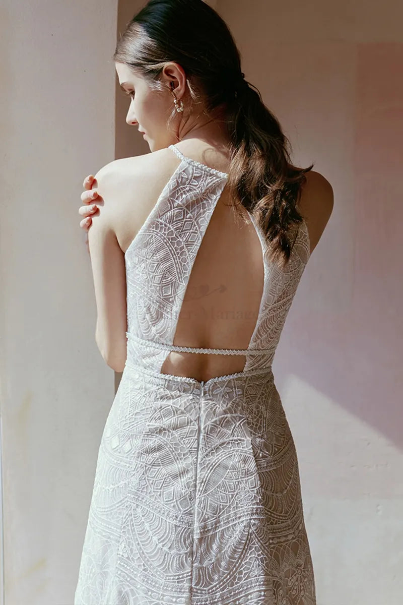 Robe de Mariée avec Fleurs Brodées Col Montant