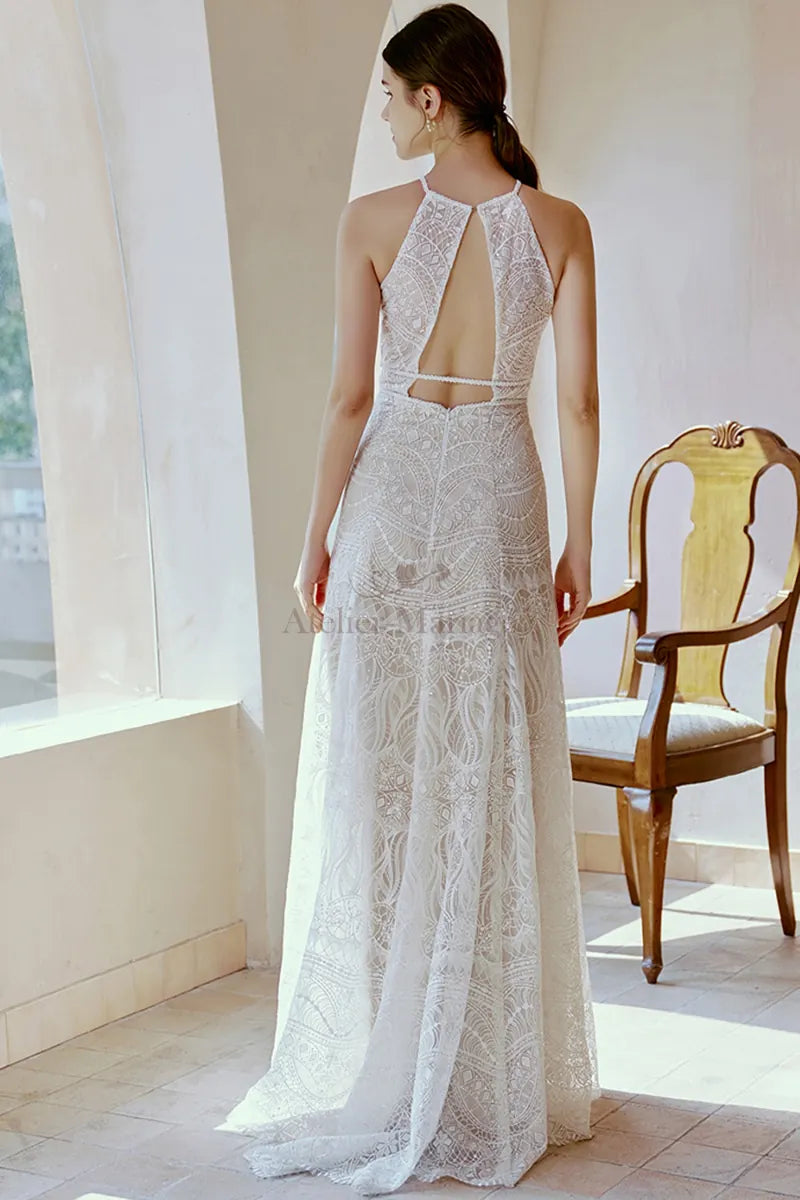 Robe de Mariée avec Fleurs Brodées Col Montant