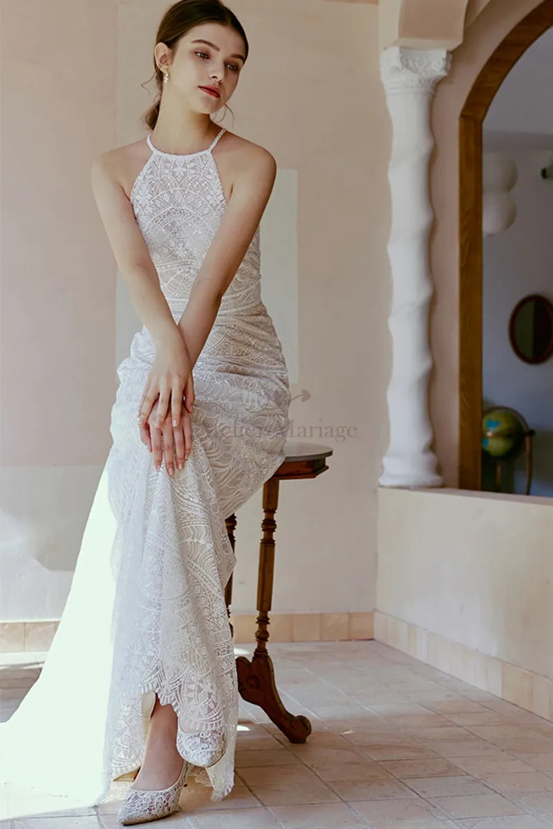 Robe de Mariée avec Fleurs Brodées Col Montant