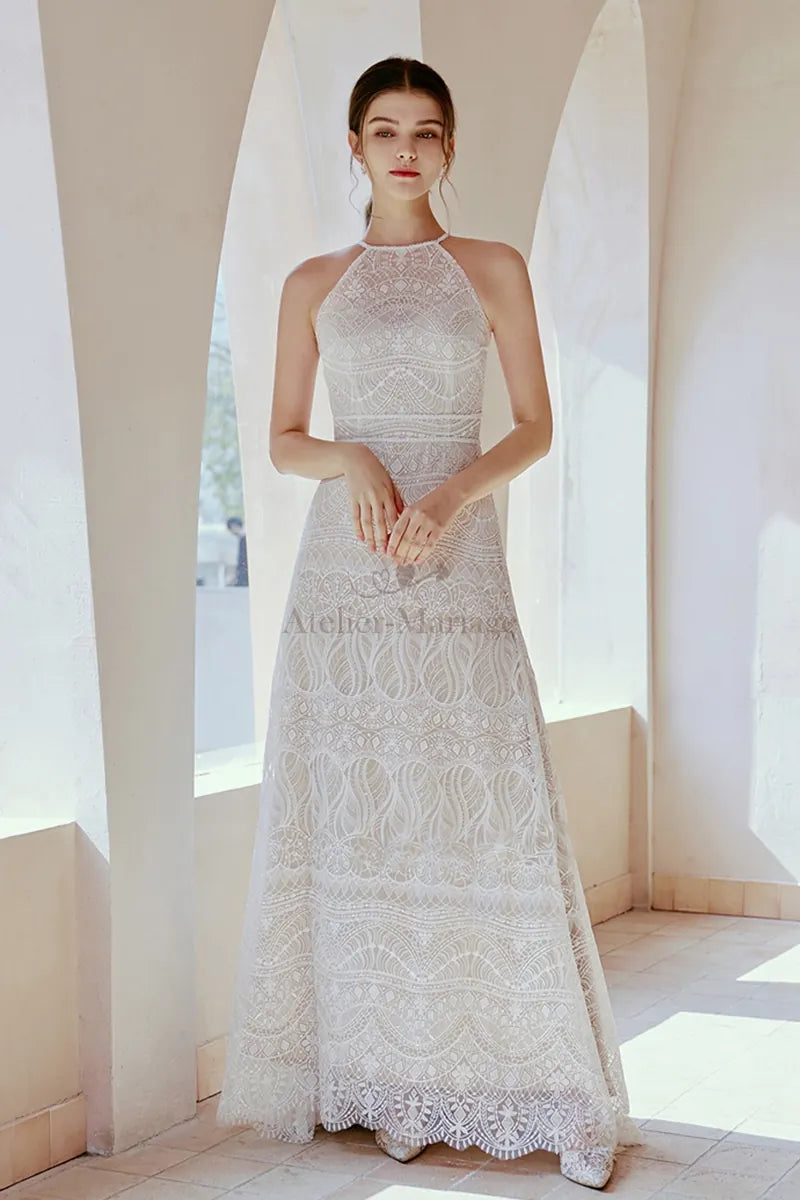 Robe de Mariée avec Fleurs Brodées Col Montant