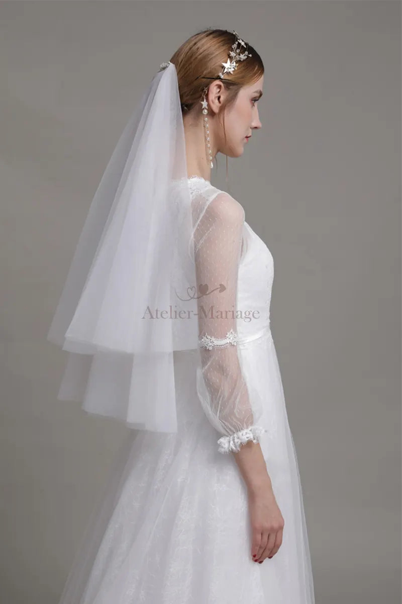 Voile Mariée Court Multicouche Perlé avec Peigne