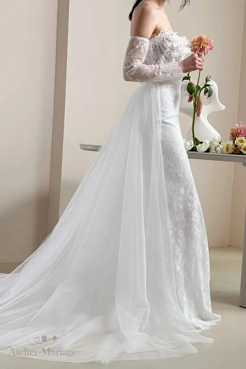 Grande jupe de robe de mariée manche longue bohème champêtre