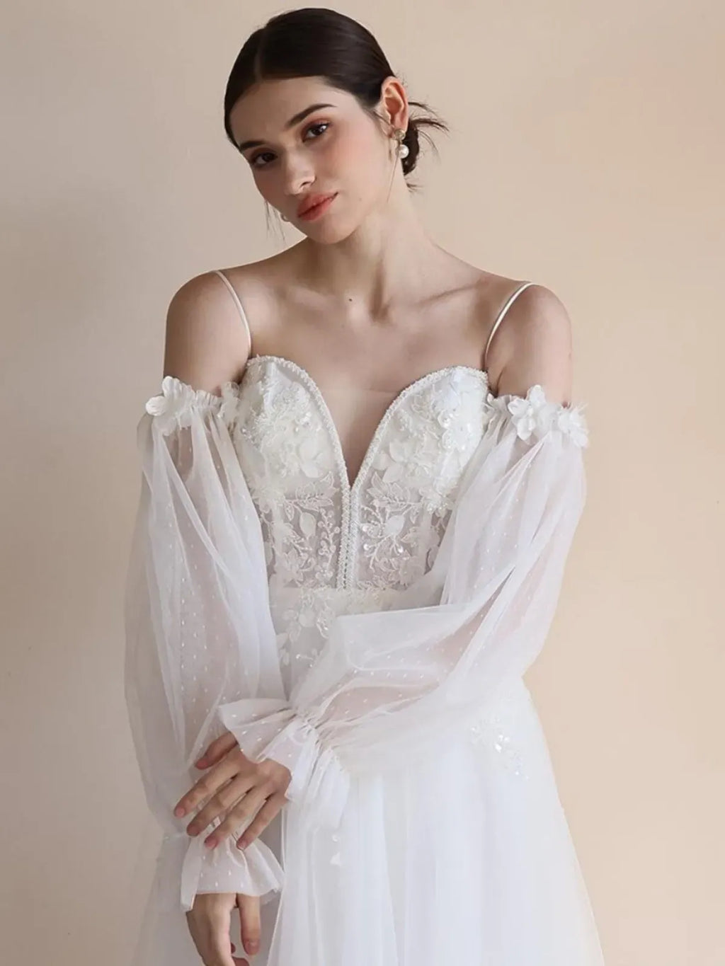 Manches amovibles mariage tulle plumetis à pois avec fleurs 3D accessoire bustier