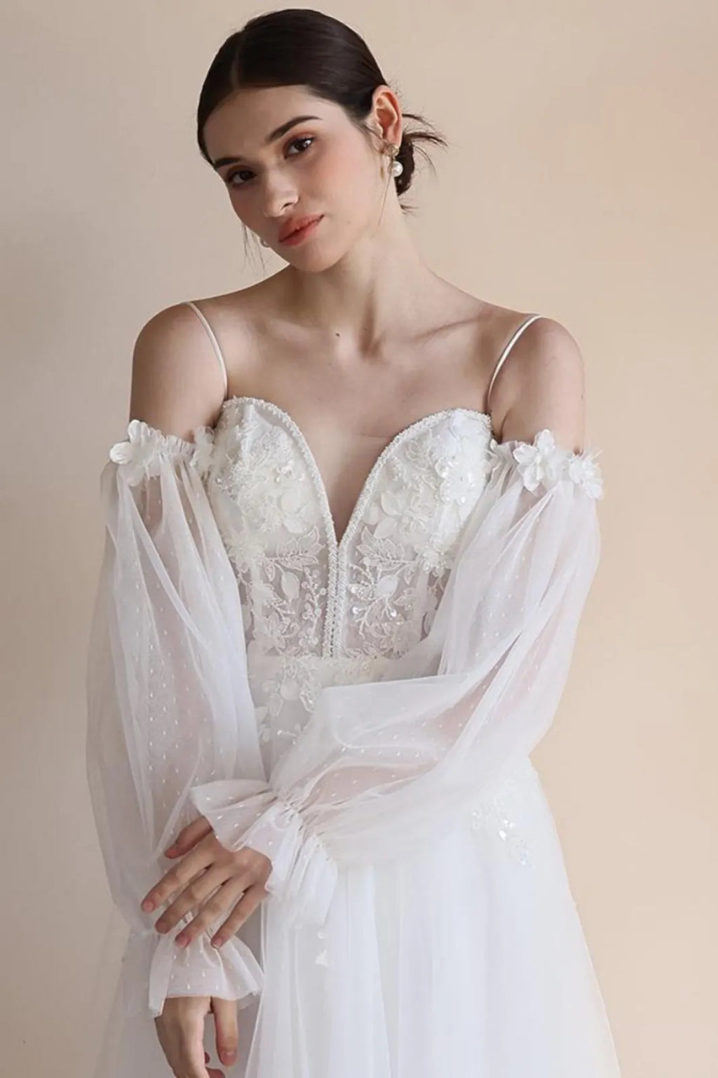 Manches amovibles mariage tulle plumetis à pois avec fleurs 3D accessoire bustier