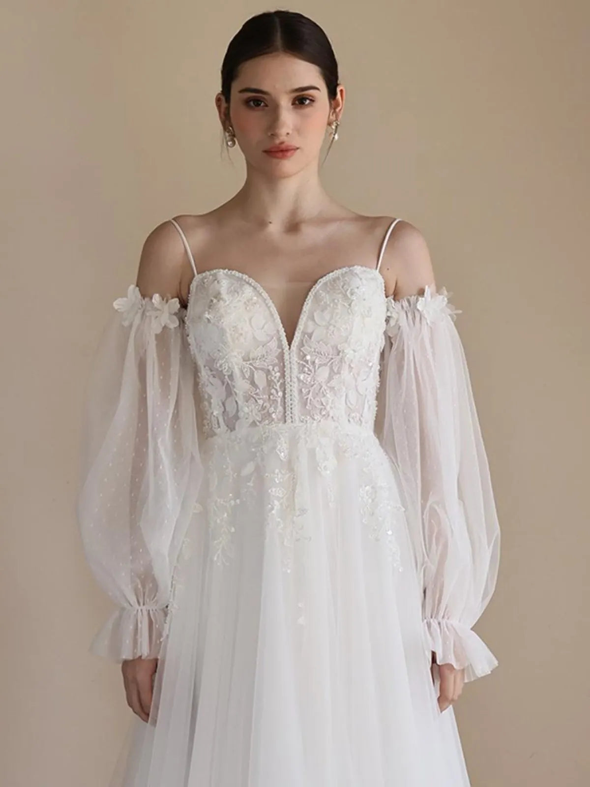 Manches bouffantes amovibles mariage double épaisseur tulle plumetis fleurs 3D