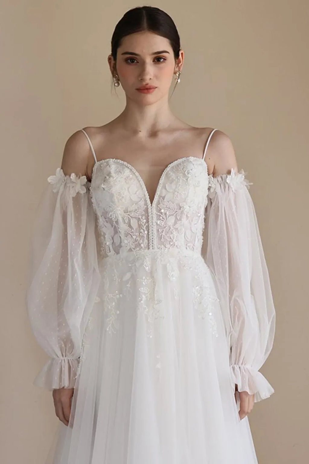 Manches bouffantes amovibles mariage double épaisseur tulle plumetis fleurs 3D