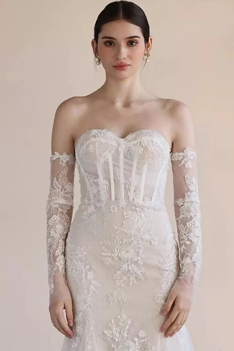 Manches Robe de Mariée Longues en Dentelle Perlée