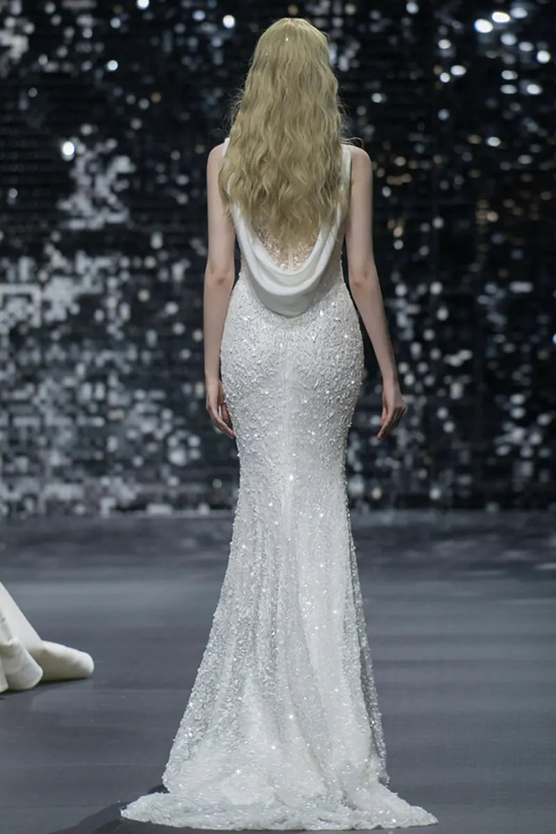 Robe Fluide Mariée avec Traîne Paillette Col Drapé dos