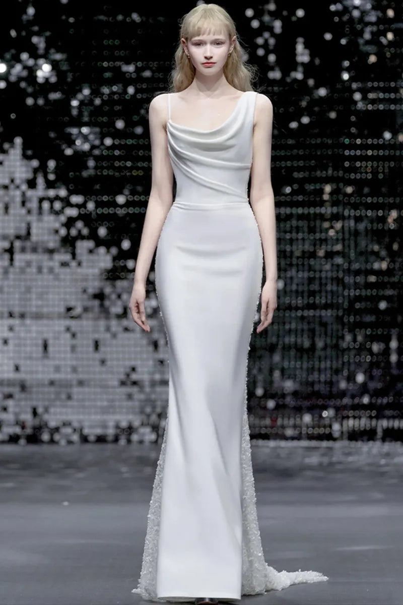 Robe Fluide Mariée avec Traîne Paillette Col Drapé