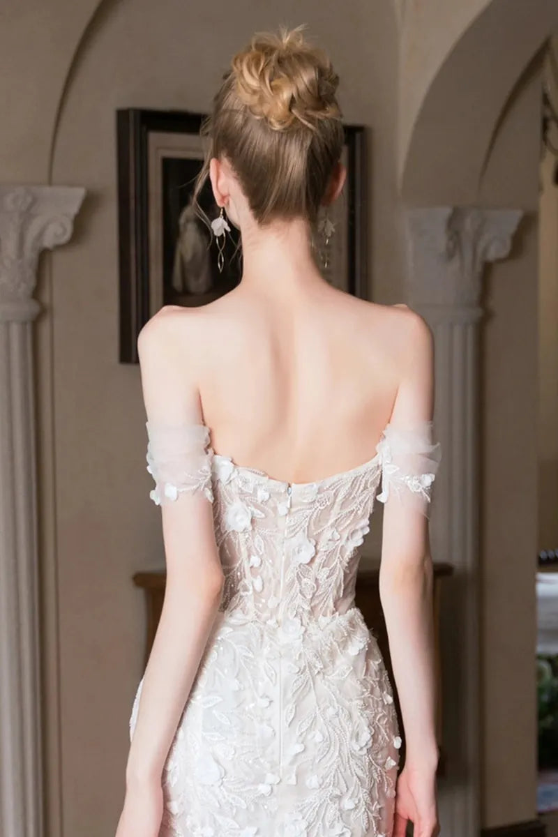 Robe Mariée Bohème Col Bateau en Dentelle et Tulle