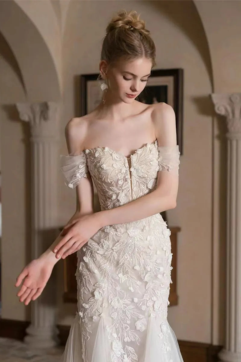Robe Mariée Bohème Col Bateau en Dentelle et Tulle