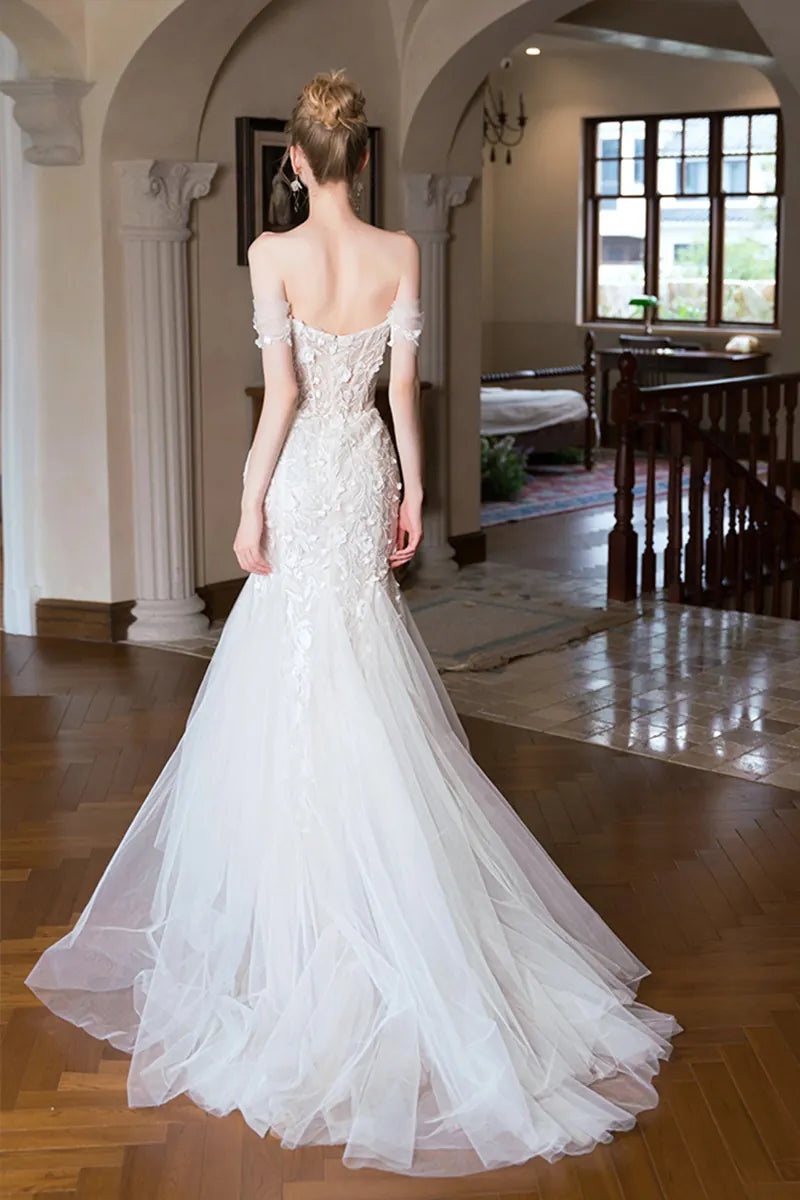 Robe Mariée Bohème Col Bateau en Dentelle et Tulle