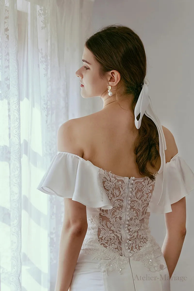 Robe Mariée Col Bateau Satin Fluide Dentelle Dos