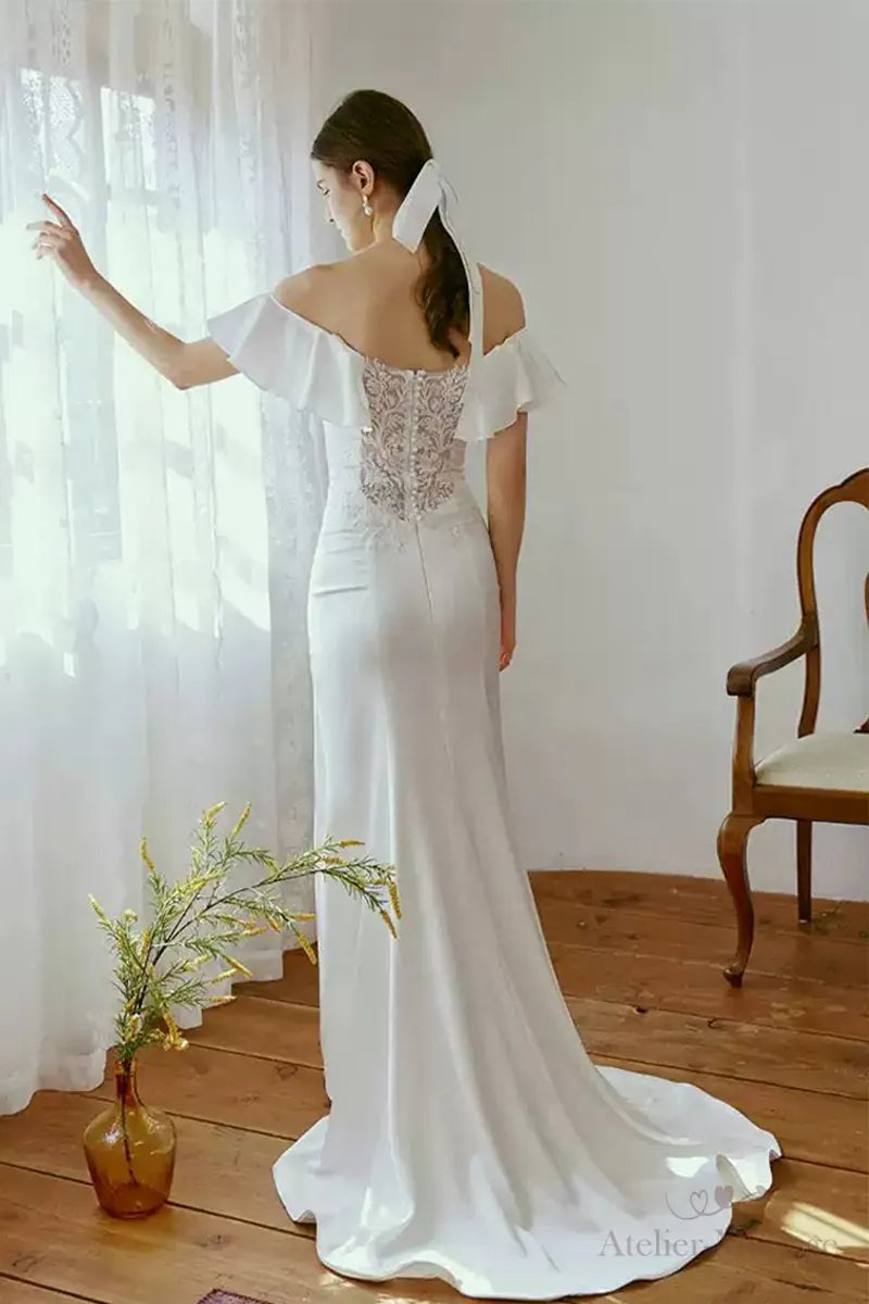 Custom Made-to-Measure Boat Neck Satin Flowing Back Wedding Dress Atelier-Mariage.fr Custom Made-to-Measure Boat Neck Satin Flowing Back Wedding Dress Atelier-Mariage.fr