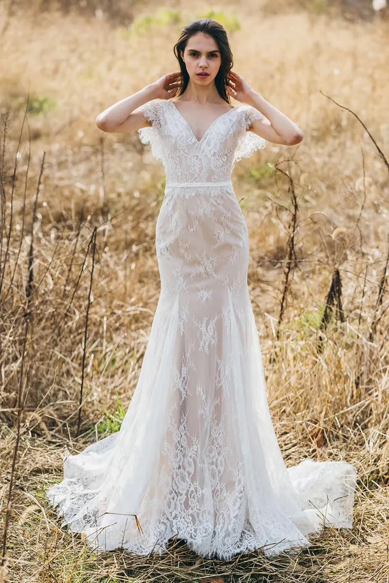 Bohemian Lace Mermaid Wedding Dress with Short Sleeves and Open Back Atelier-Mariage.fr Bohemian Lace Mermaid Wedding Dress with Short Sleeves and Open Back Atelier-Mariage.fr