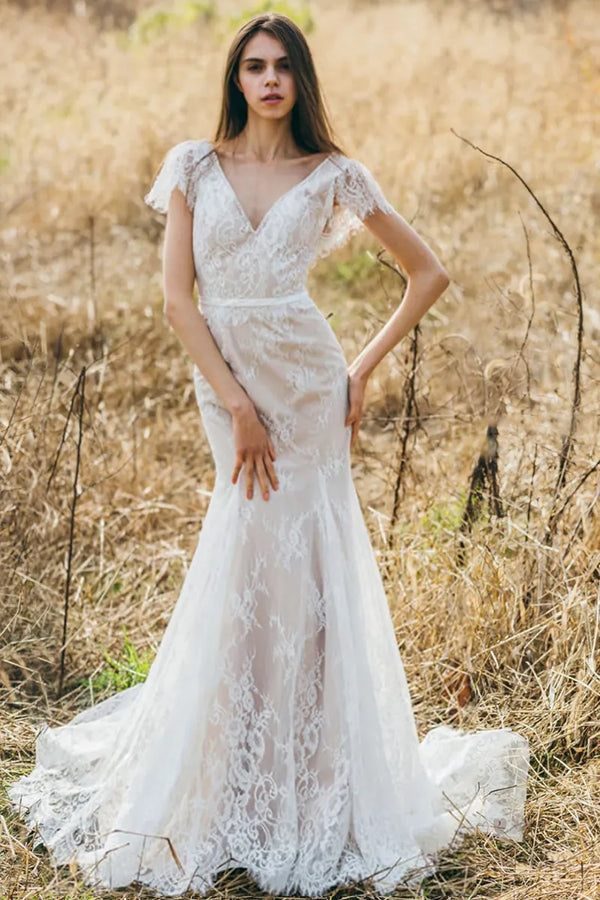 Bohemian Lace Mermaid Wedding Dress with Short Sleeves and Open Back –