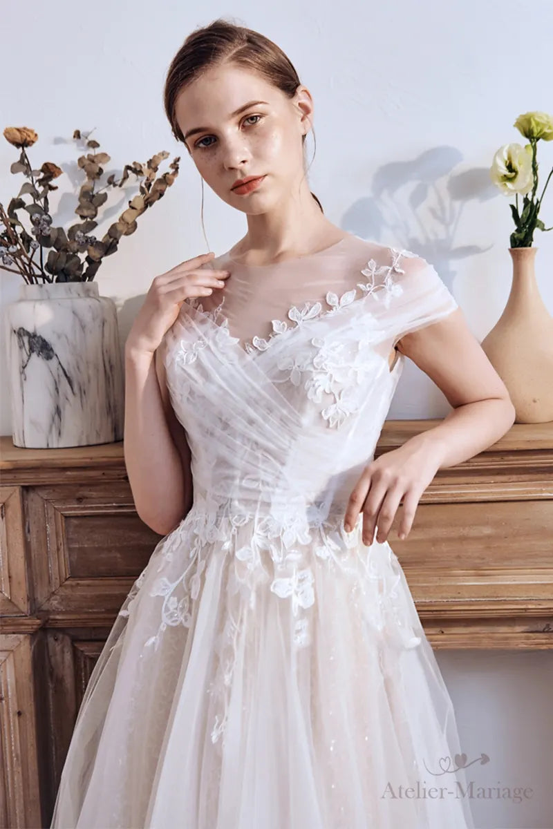 Robe de Mariée Champêtre Col Bateau Dentelle Bohème