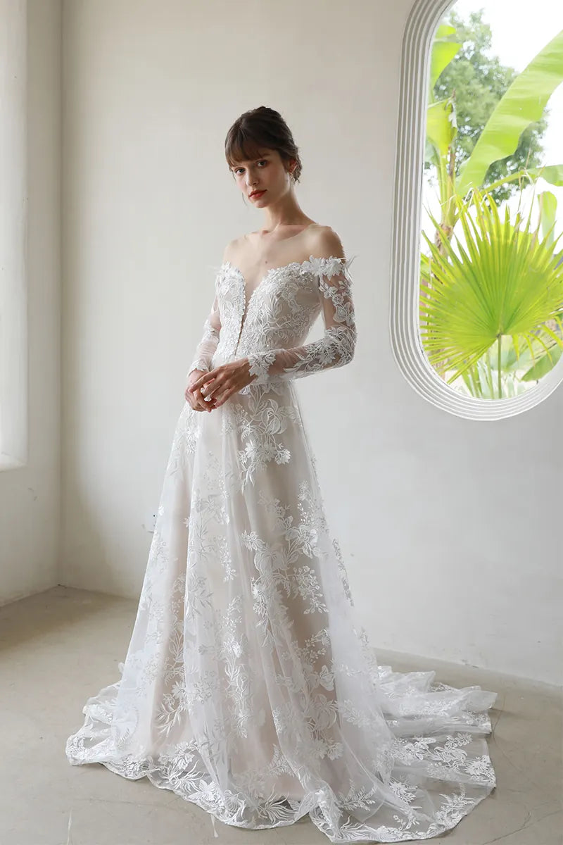 Long Sleeve Lace Wedding Dress with Boat Neck and Open Back –