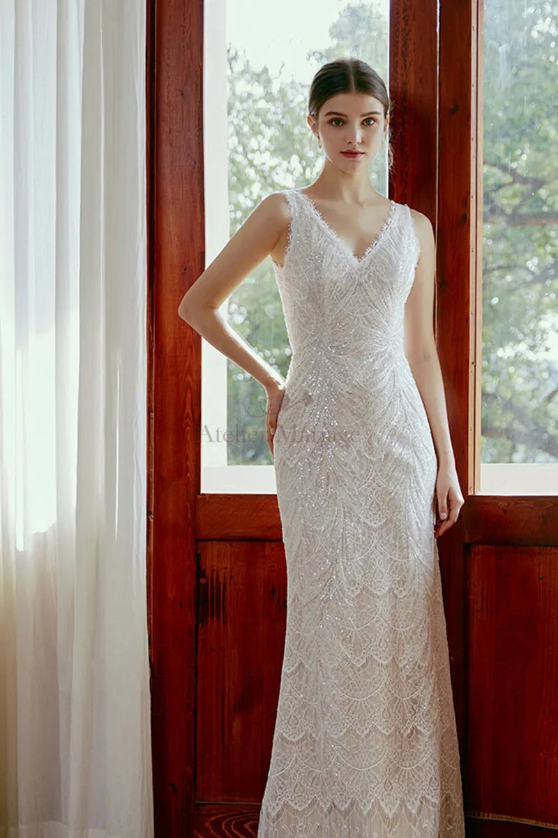 Boho-Pailletten-Meerjungfrauen-Hochzeitskleid aus Spitze 