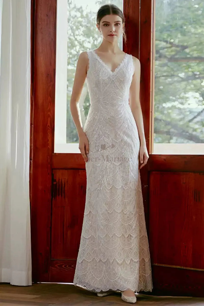 Bohemian mermaid wedding dress with delicate sequins and lace for a glamorous civil wedding