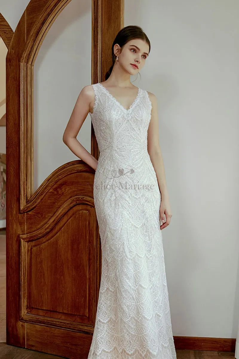 Boho-Pailletten-Meerjungfrauen-Hochzeitskleid aus Spitze 