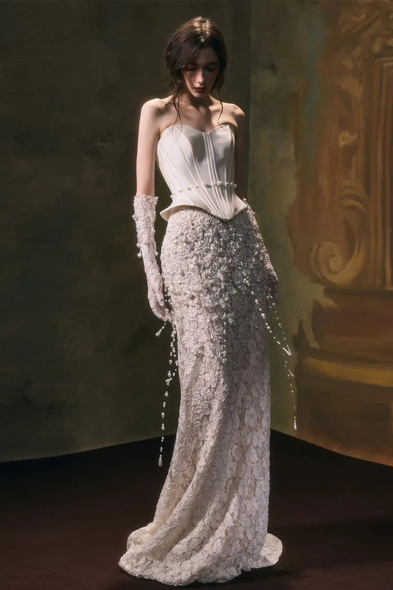 Robe de Mariée Perlée en Deux Pièces Corset Sirène