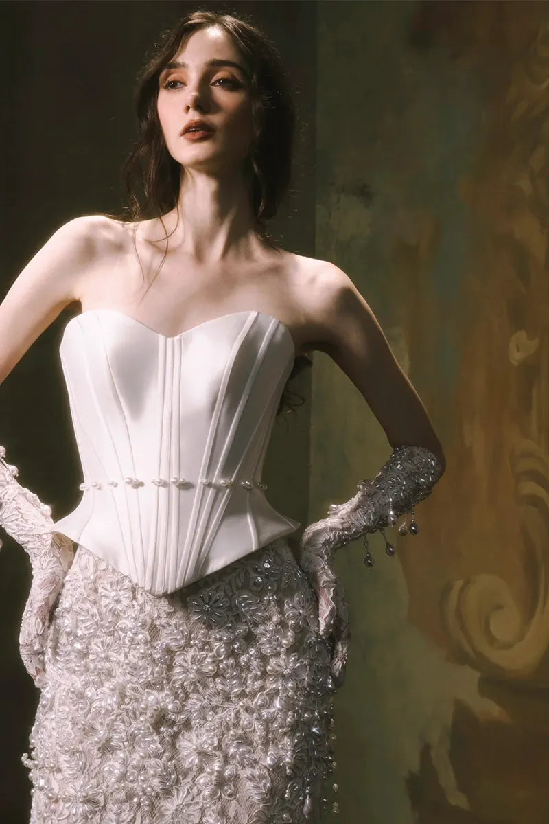 Robe de Mariée Perlée en Deux Pièces Corset Sirène  - col bateau délicat