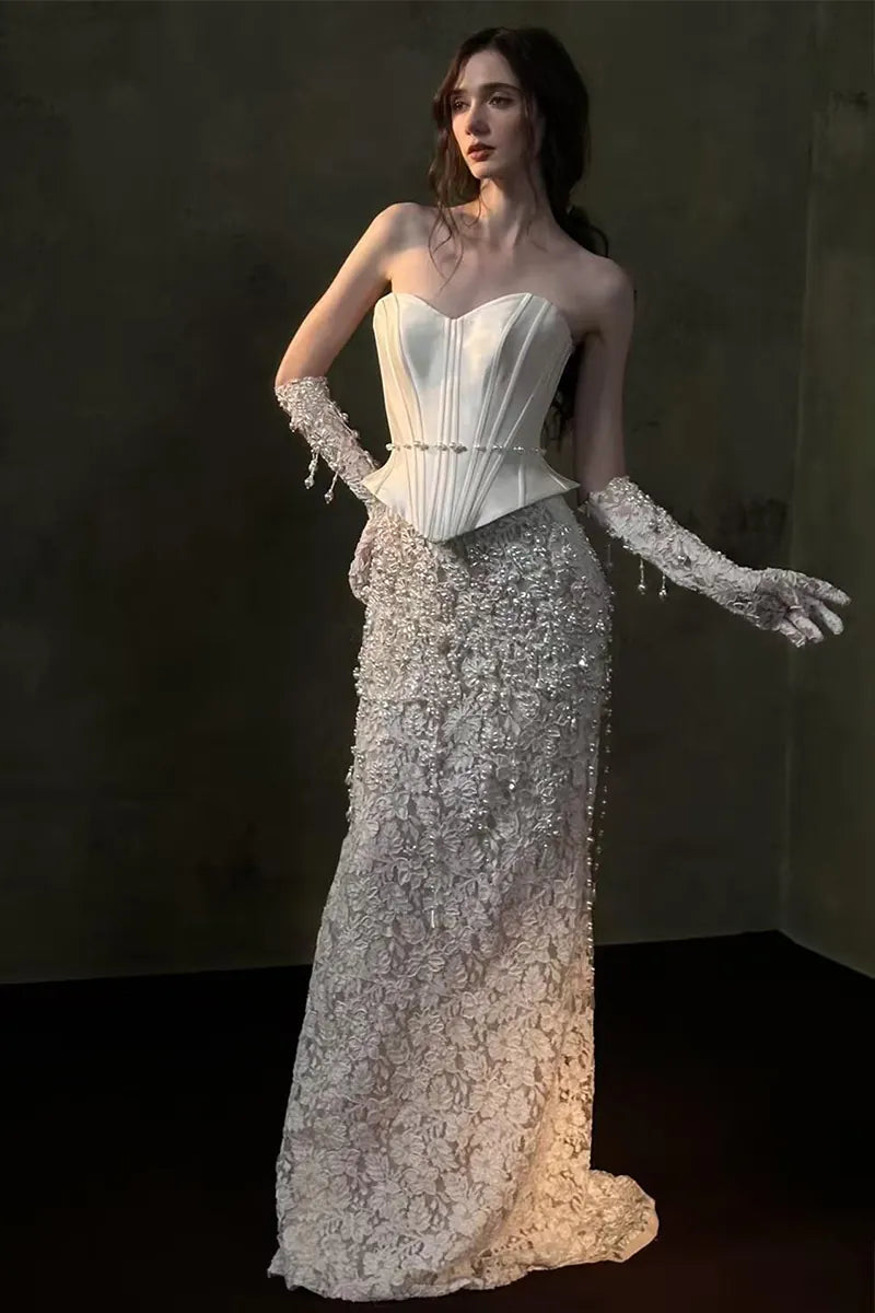 Robe de Mariée Perlée en Deux Pièces Corset Sirène