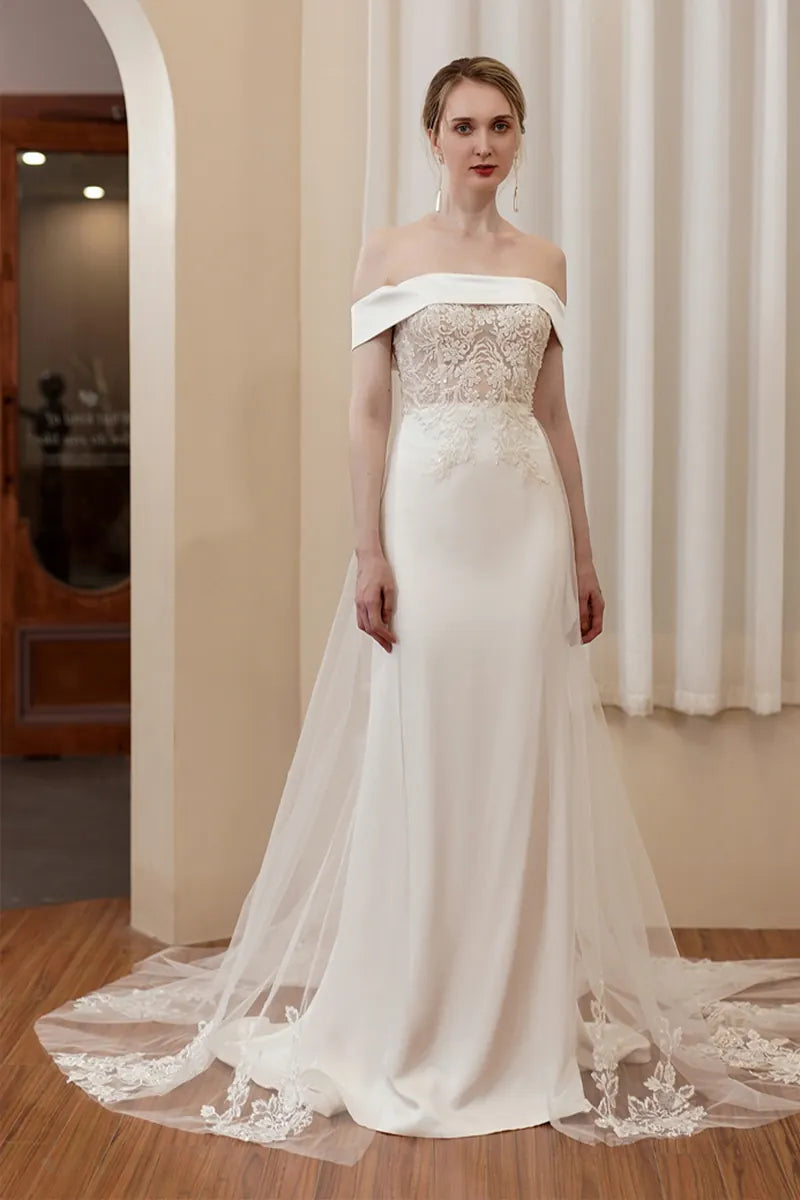 Flowing Satin Wedding Dress with Boat Neck and Beaded Lace –