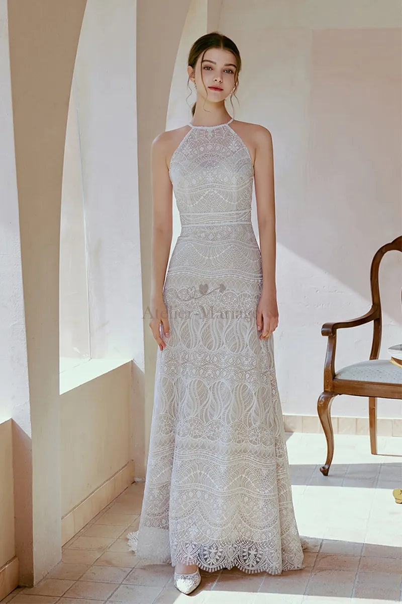 Robe de Mariée avec Fleurs Brodées Col Montant