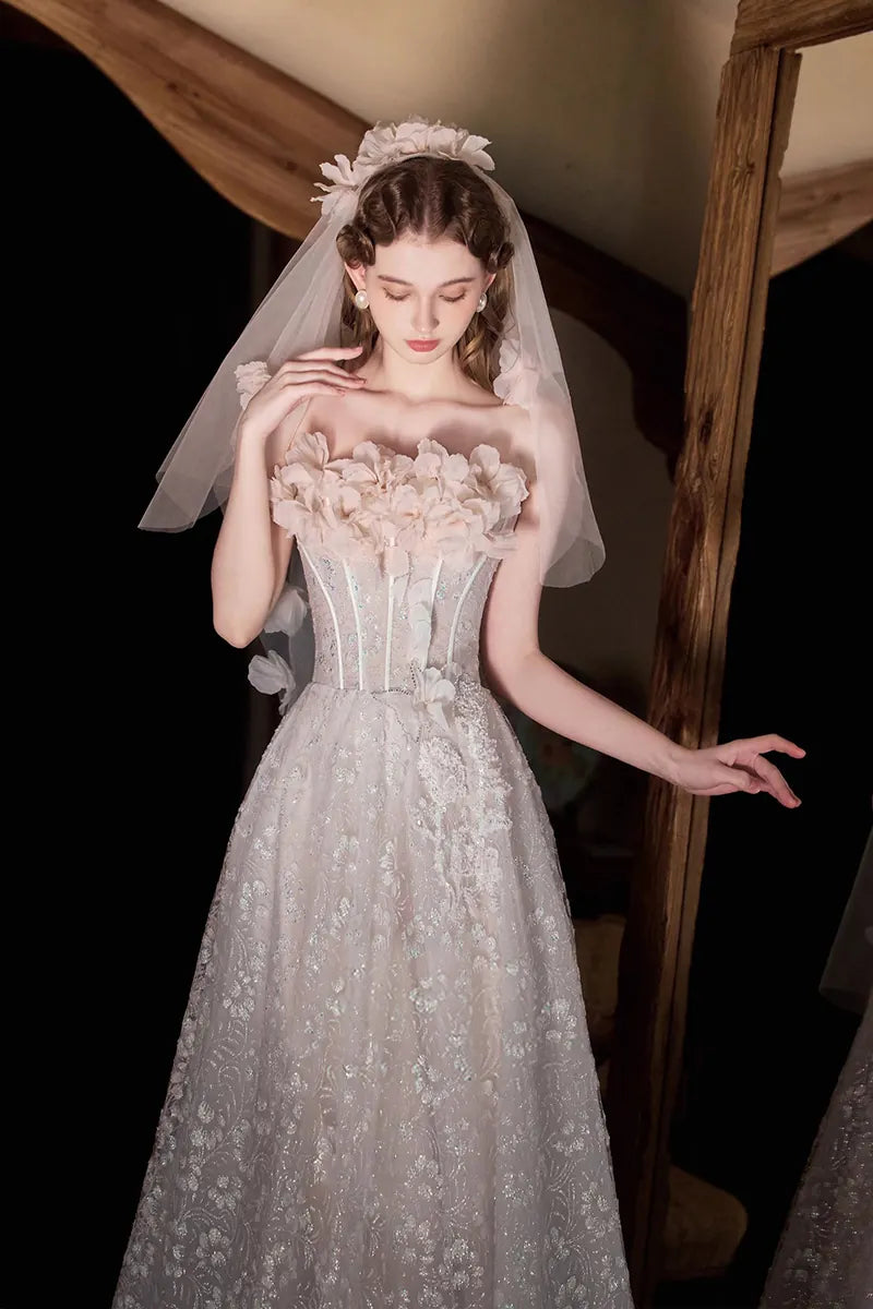 Robe de Mariée Princesse Paillette Fleurs 3D Luxe chic