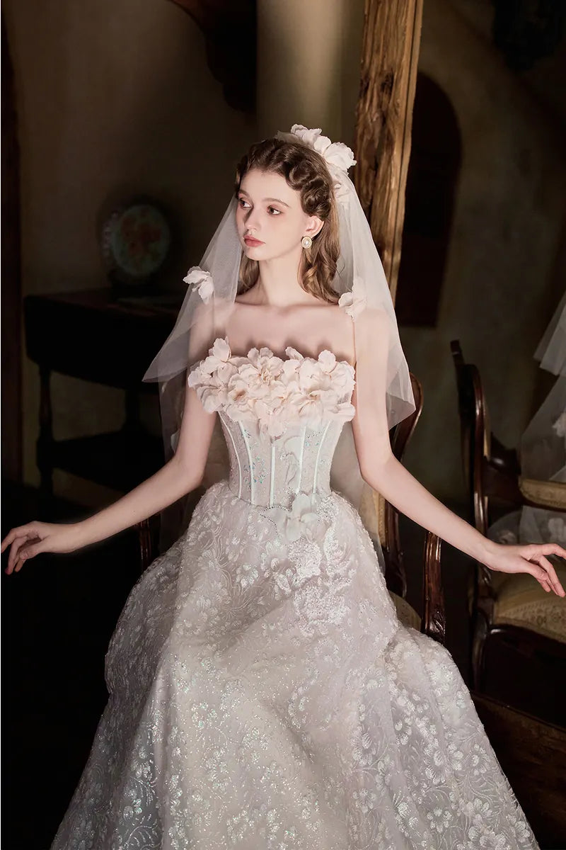 Robe de Mariée Princesse Paillette Fleurs 3D Luxe