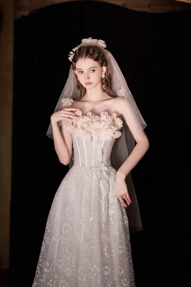 Robe de Mariée Princesse Paillette Fleurs 3D Luxe