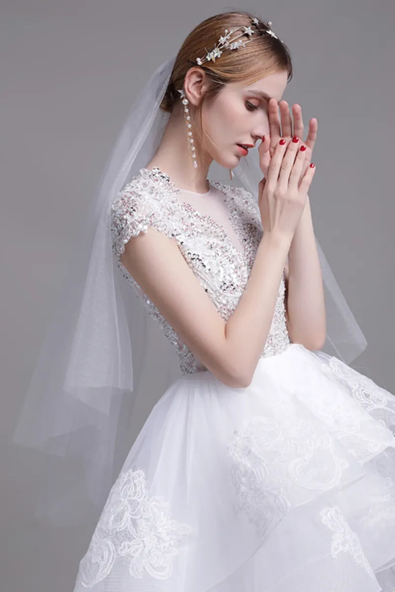 Voile Court Mariée Double-Couche Peigne Perlé